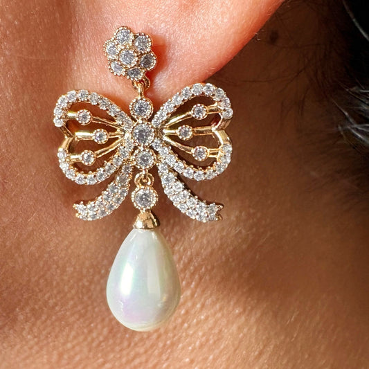 Luxury Bow Pearl Drop Earrings | Gold-Plated Party Wear Earrings for Women & Girls
