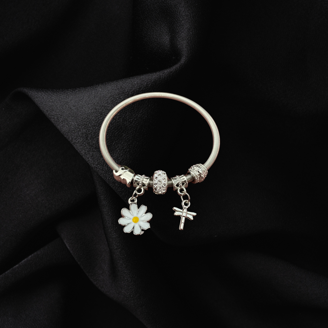 Daisy Flower & Dragon Fly Charm Stretchable Bracelet for Girls & Women