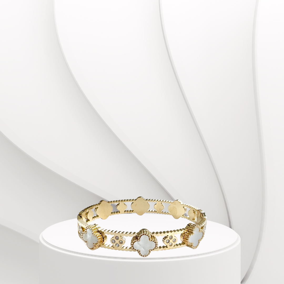 Clover Design Mother of Pearl Handcuff Bracelet