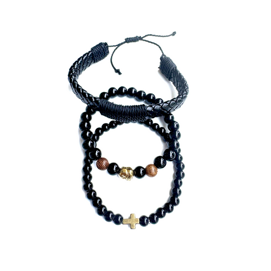 Men's Triple Layer Leather & Beads Stretchable Bracelet