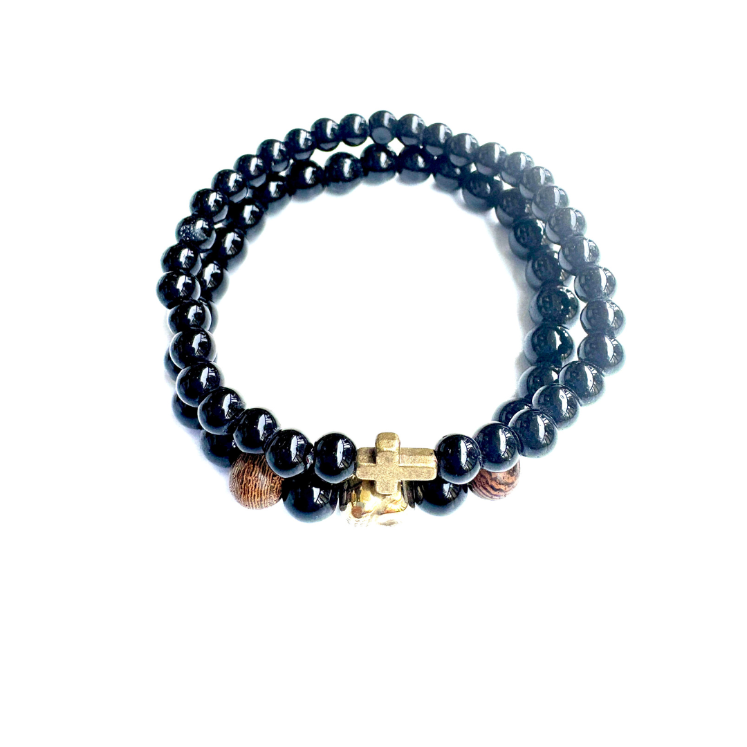Men's Triple Layer Leather & Beads Stretchable Bracelet