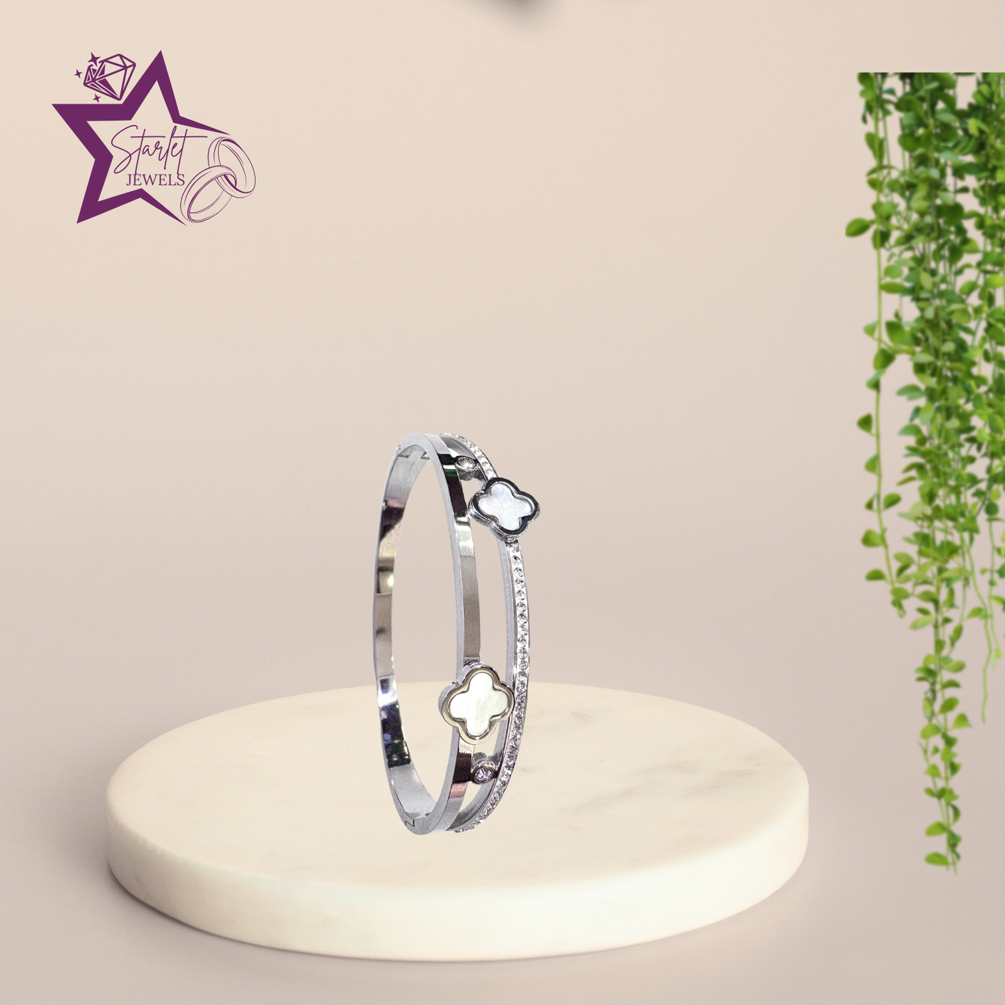 Silver-toned Bracelet with floral motifs and crystal accents