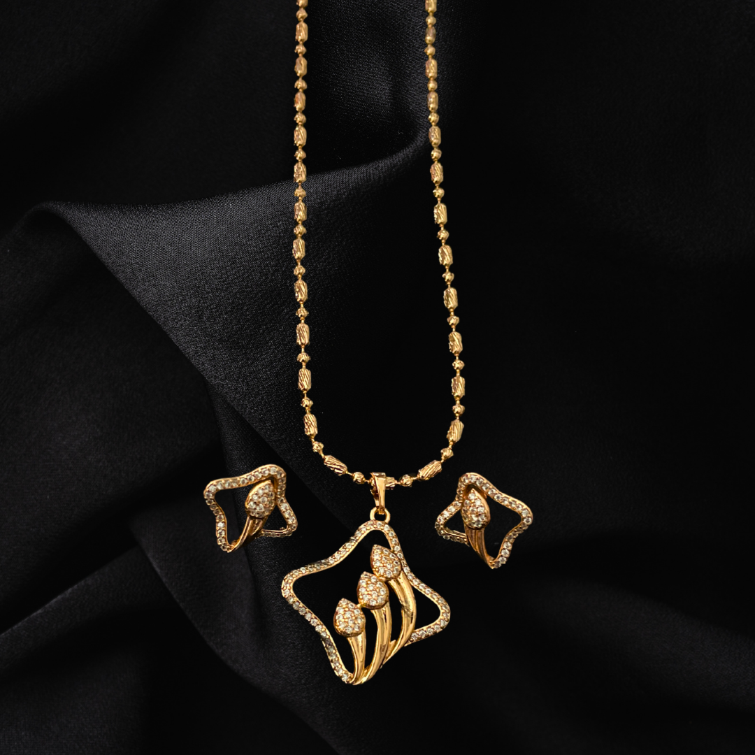 Rose Gold Designer Spade Stem Pendant & Earring Set