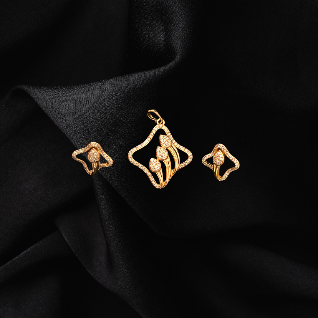 Rose Gold Designer Spade Stem Pendant & Earring Set