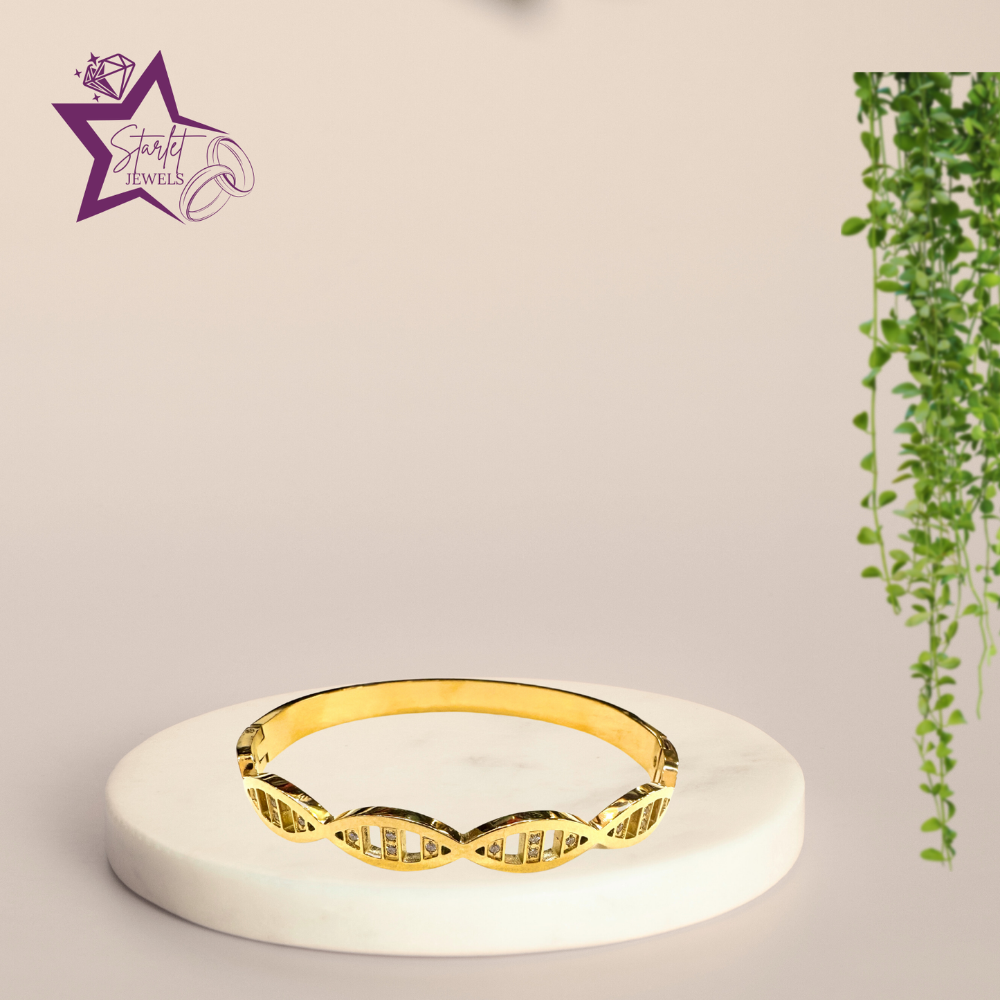 Golden cuff bracelet with geometric, DNA-inspired design