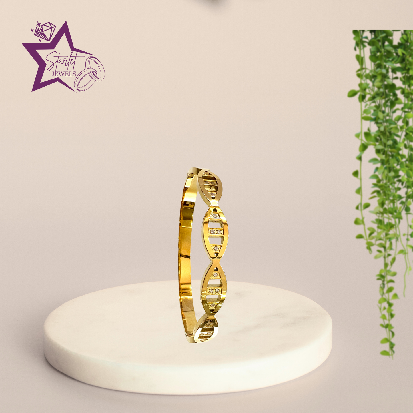 Golden cuff bracelet with geometric, DNA-inspired design