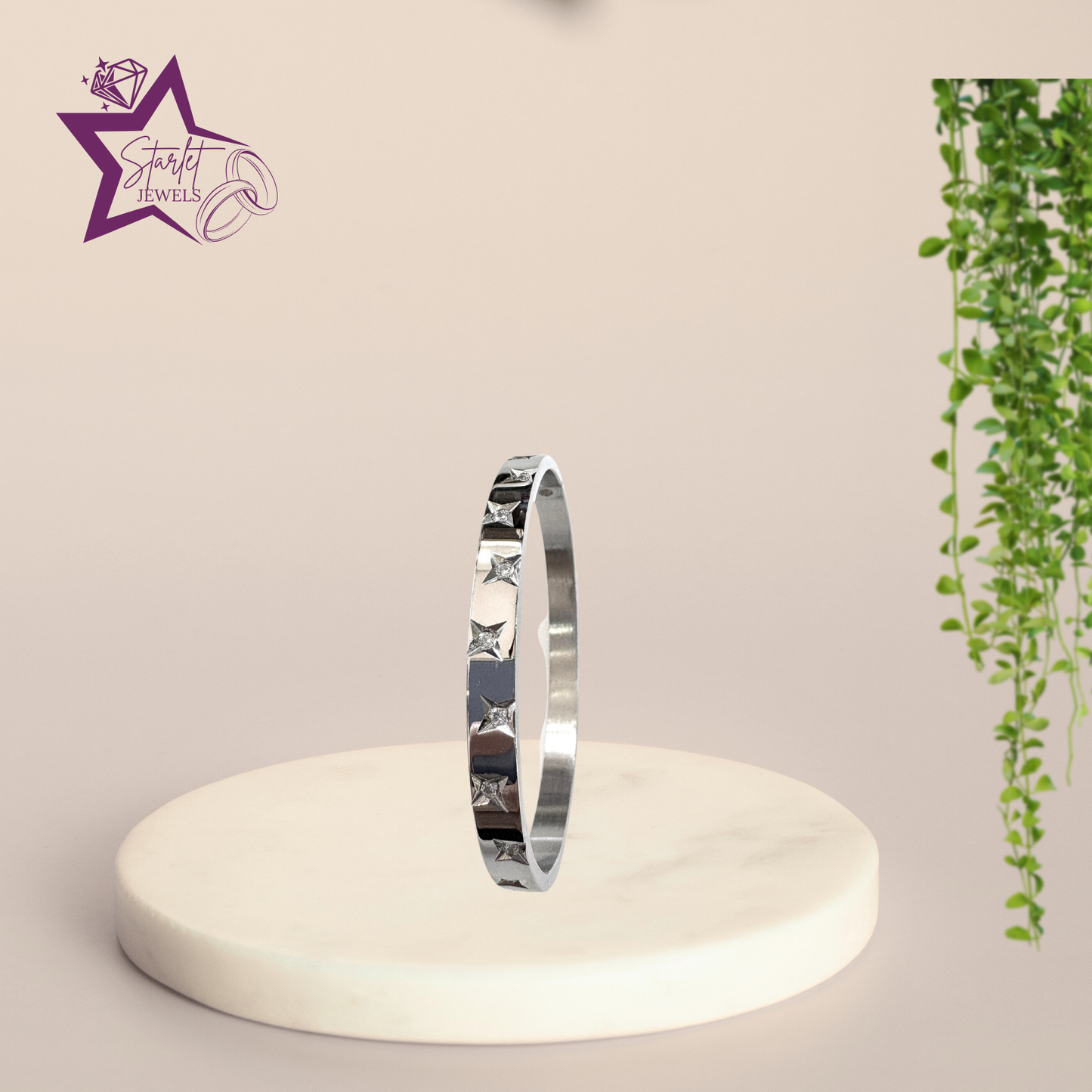 Elegant Star engraved with AD Studded Silver Cuff Bracelet