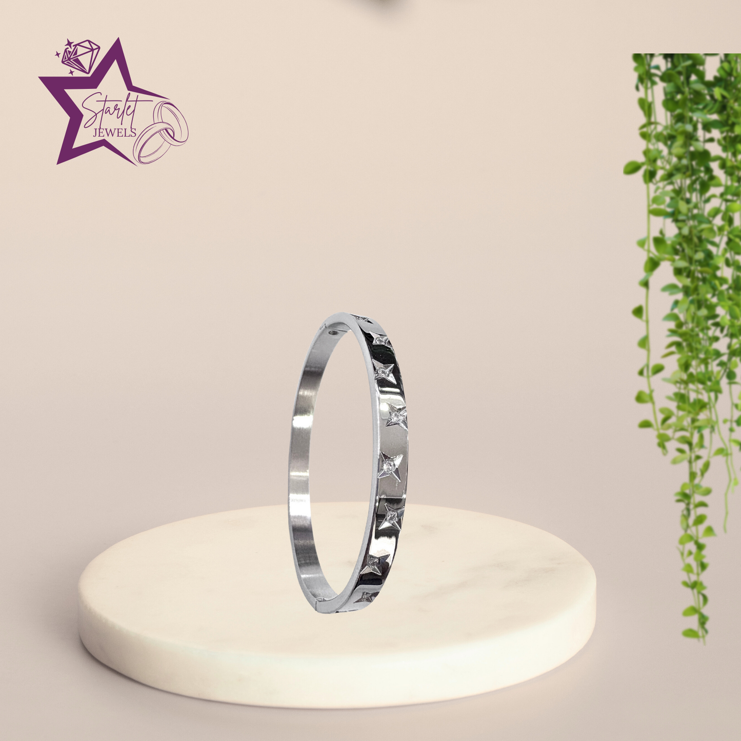 Elegant Star engraved with AD Studded Silver Cuff Bracelet