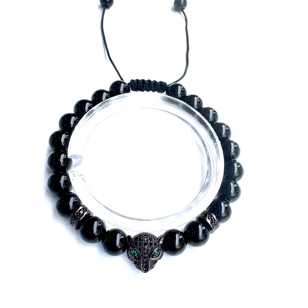 Men's Black Beaded Bracelet with Jaguar Face