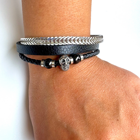 Men's Triple Layer Leather & Chain Cuff Bracelet with beads and Skull