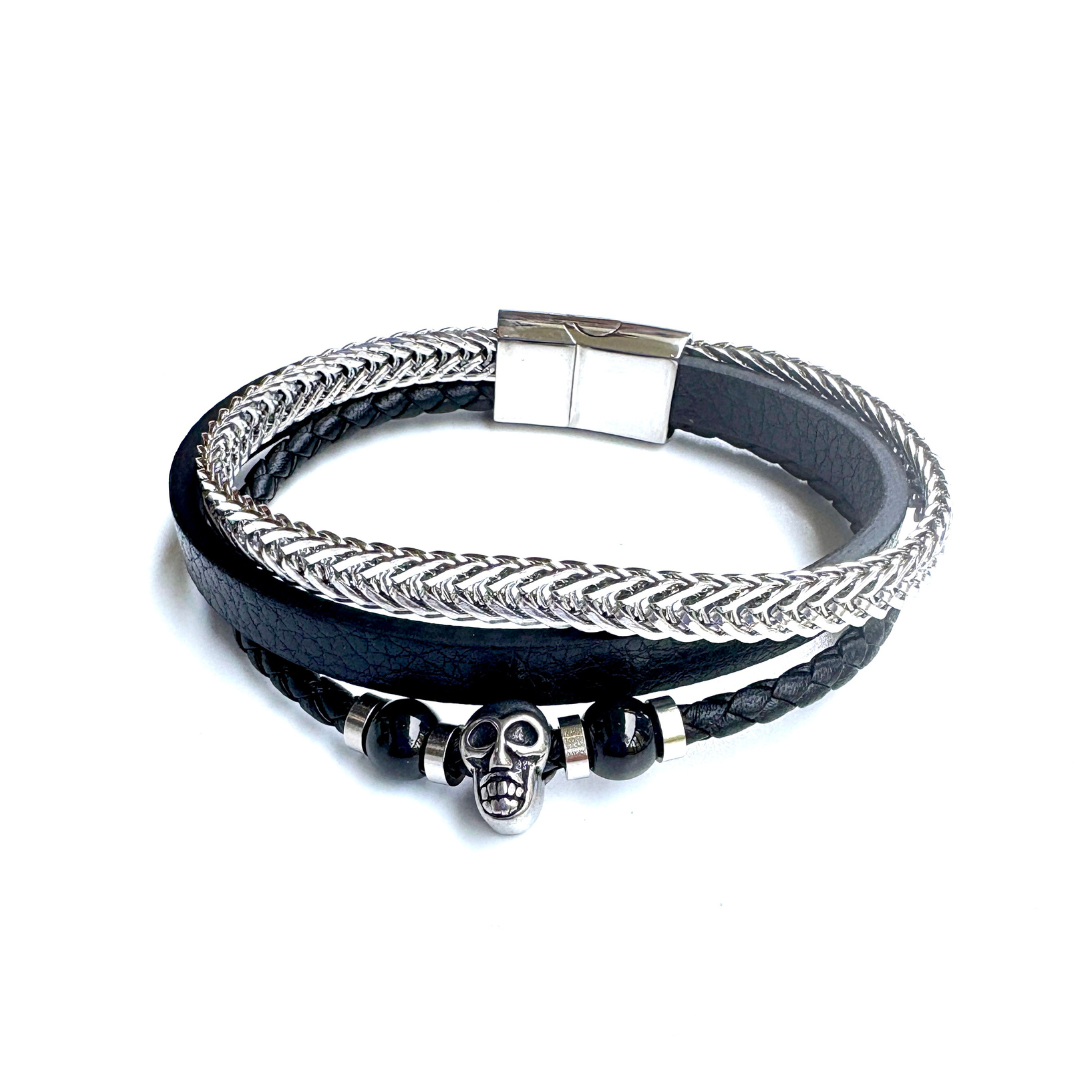 Men's Triple Layer Leather & Chain Cuff Bracelet with beads and Skull
