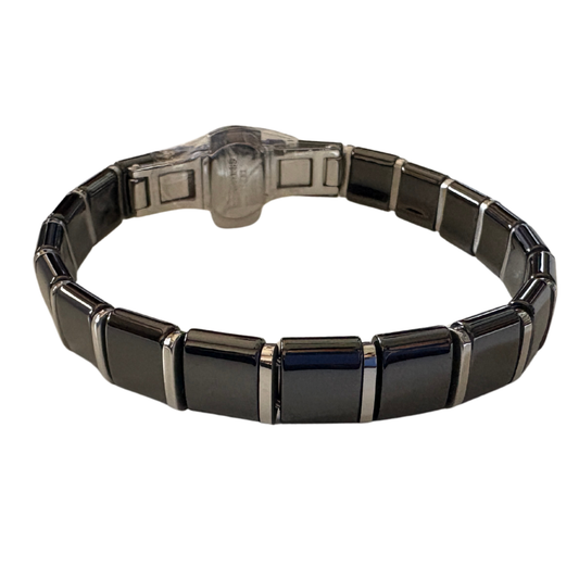 Unisex Premium Ceramic Cuff Bracelet with safe locking mechanism | Black & Silver Lining
