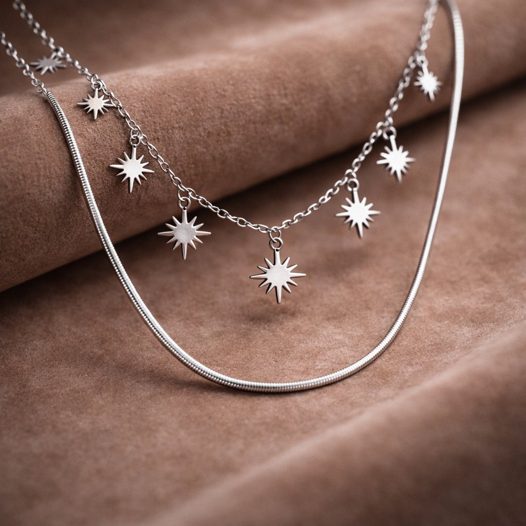 Silver Necklace with Starburst Charms