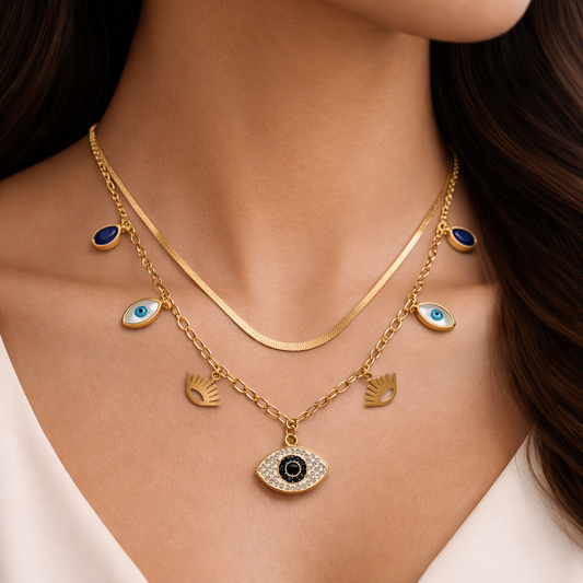 Golden Charm Necklaces with Evil Eye