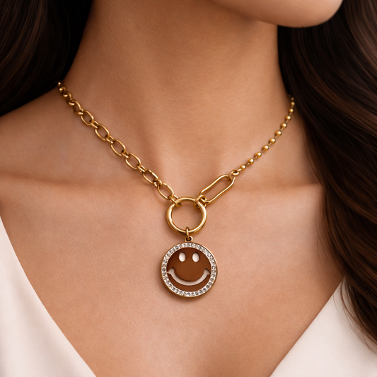 Smiley Face Pendant and Golden Chain