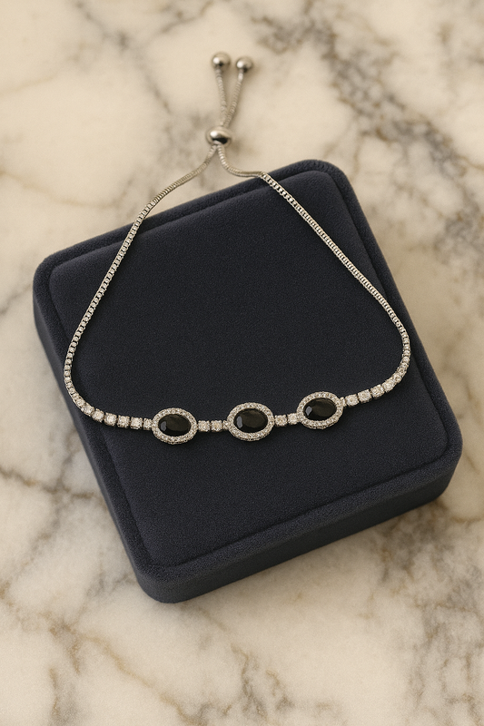 Elegant Silver Adjustable Bracelet with Black Oval Stones | Luxury Women’s Partywear Jewelry