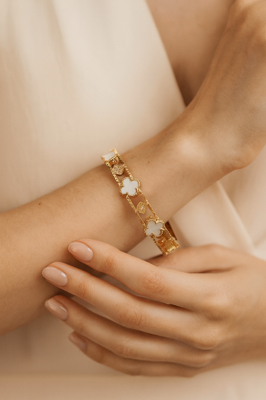 Clover Design Mother of Pearl Handcuff Bracelet