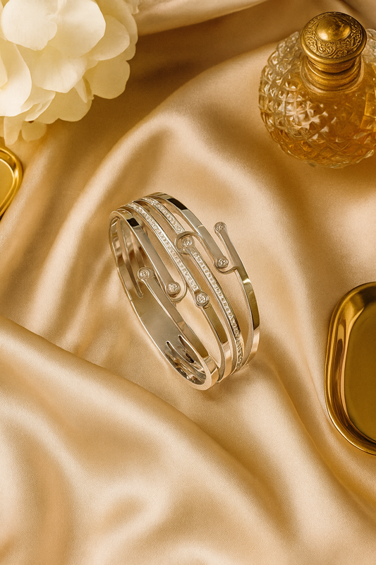 Bold Silver Geometric AD-studded Hand Cuff Bracelet