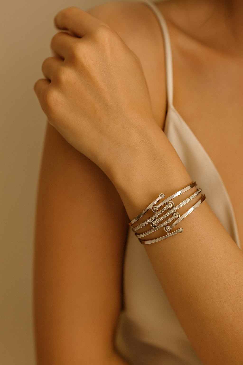 Bold Silver Geometric AD-studded Hand Cuff Bracelet