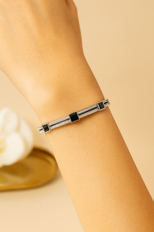 Full AD-Studded Handcuff Bracelet with Black Stones