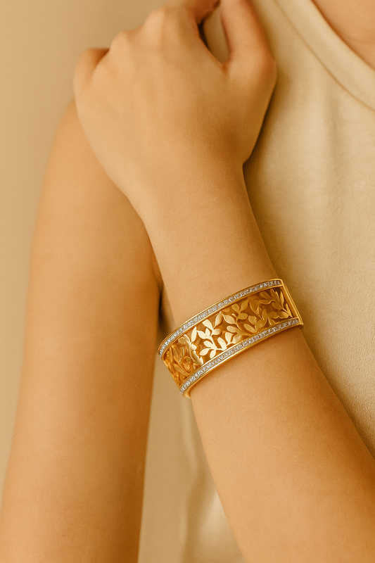 Classic Flower Design Heavy AD-Studded Handcuff Bracelet