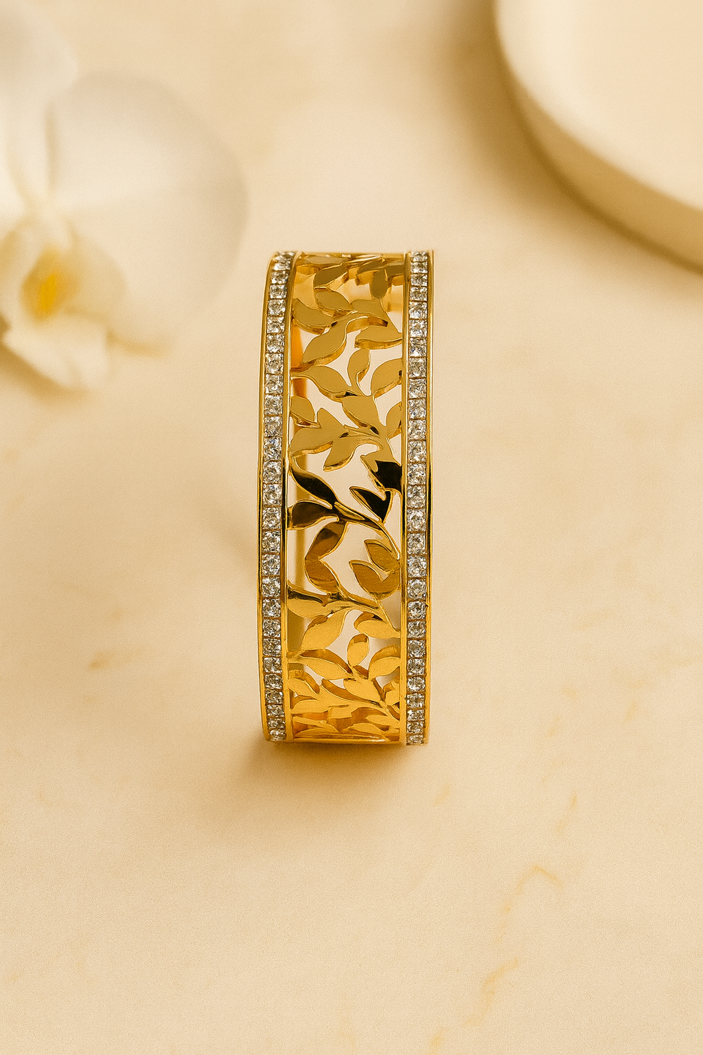 Classic Flower Design Heavy AD-Studded Handcuff Bracelet
