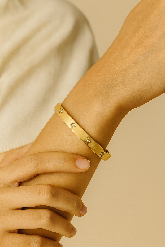 Elegant Star engraved with AD Studded Silver Cuff Bracelet