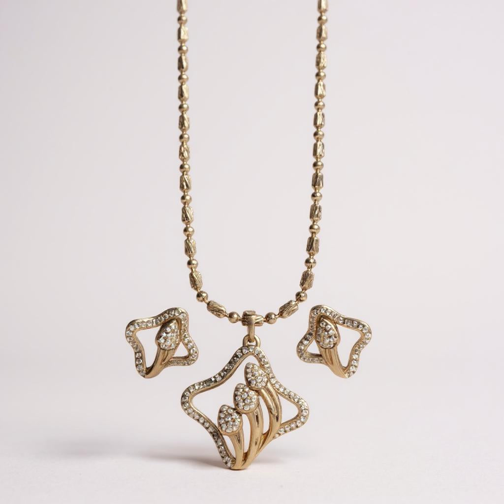 Rose Gold Designer Spade Stem Pendant & Earring Set