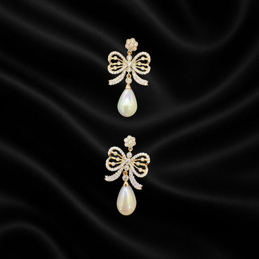 Luxury Bow Pearl Drop Earrings | Gold-Plated Party Wear Earrings for Women & Girls