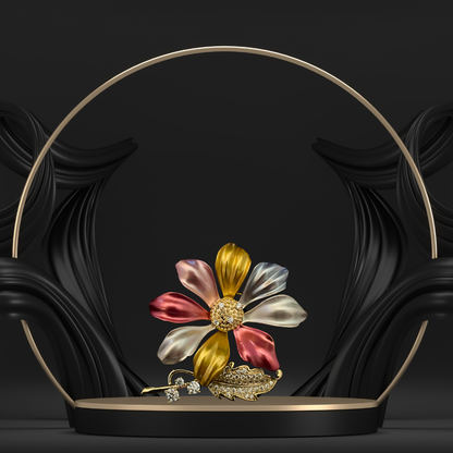 Black & Multi-Color Daisy Flower Brooch for Women with Golden Leaf