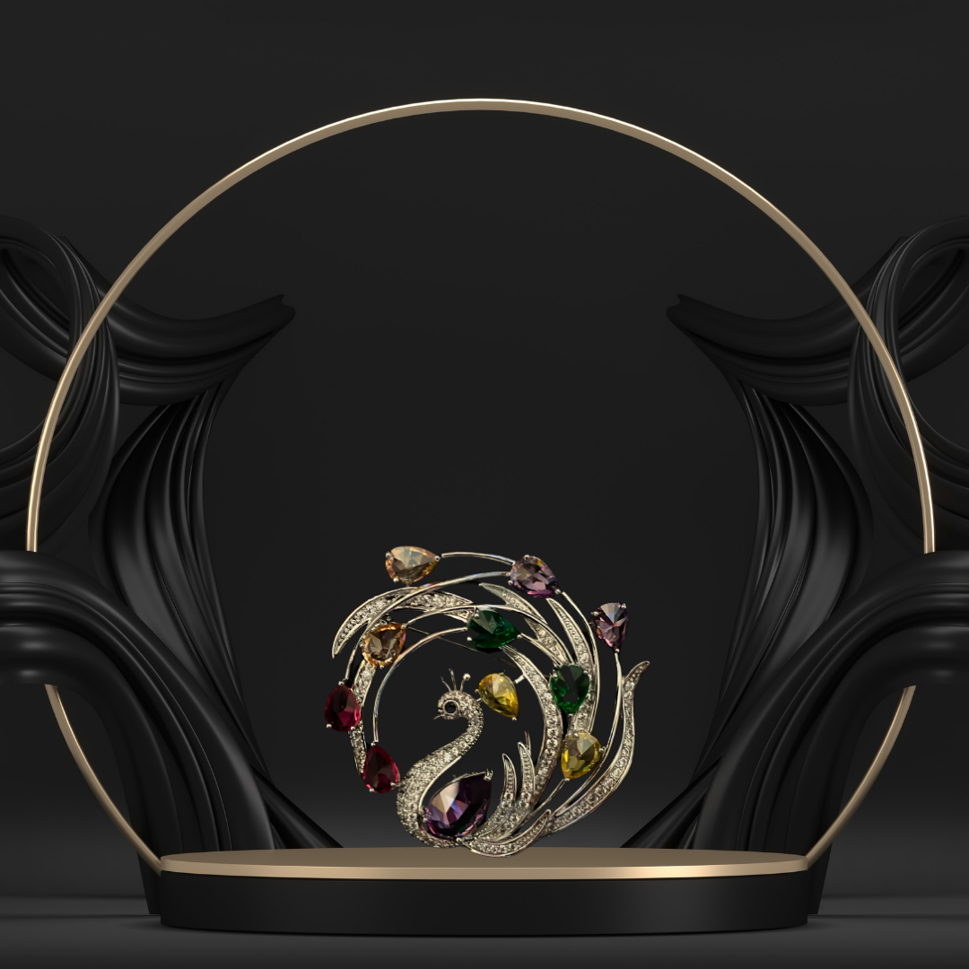 Peacock with Multi-Color Stones Rounded Feathers Brooch for Women
