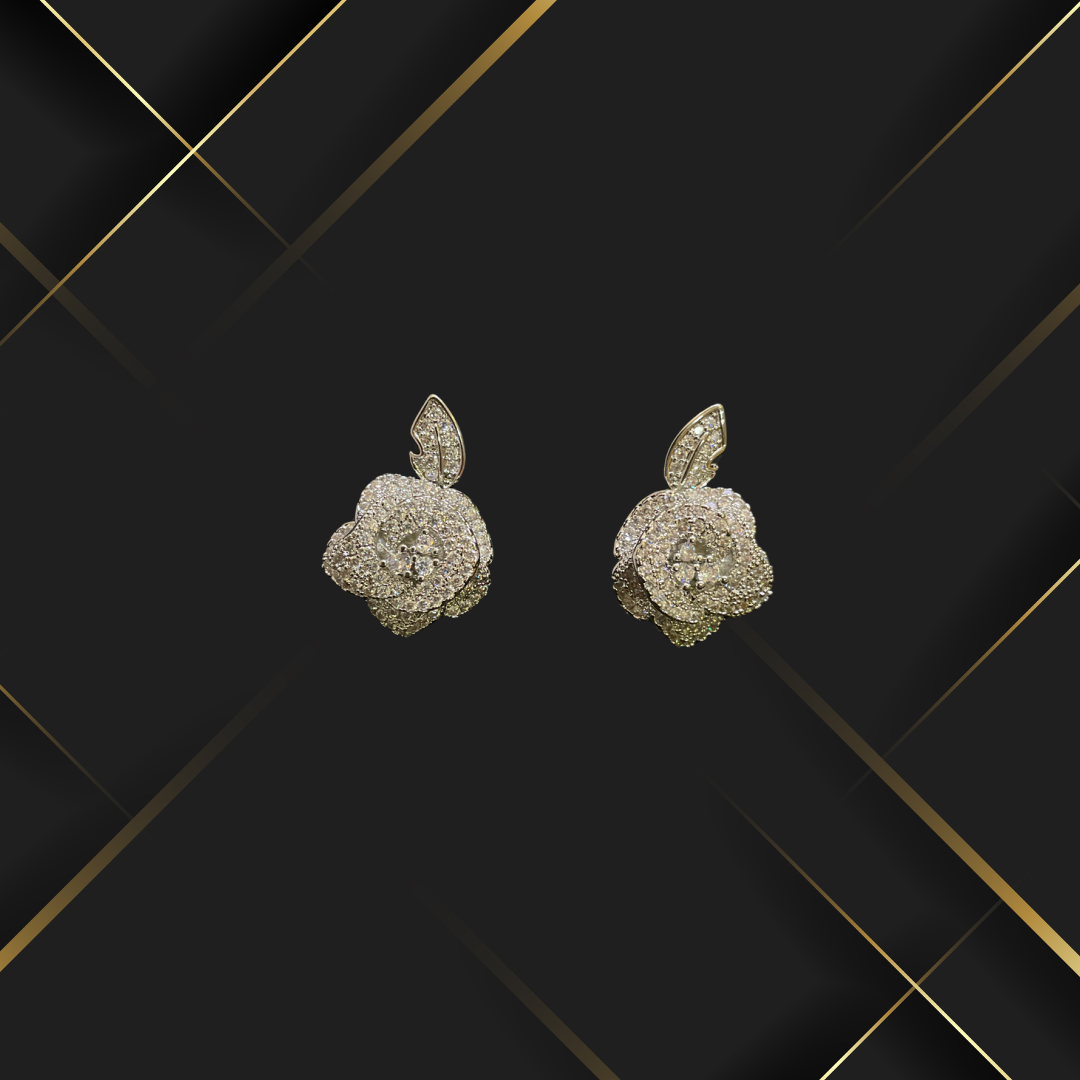 Rose Flower with Leaf AD Studded Earrings for Women