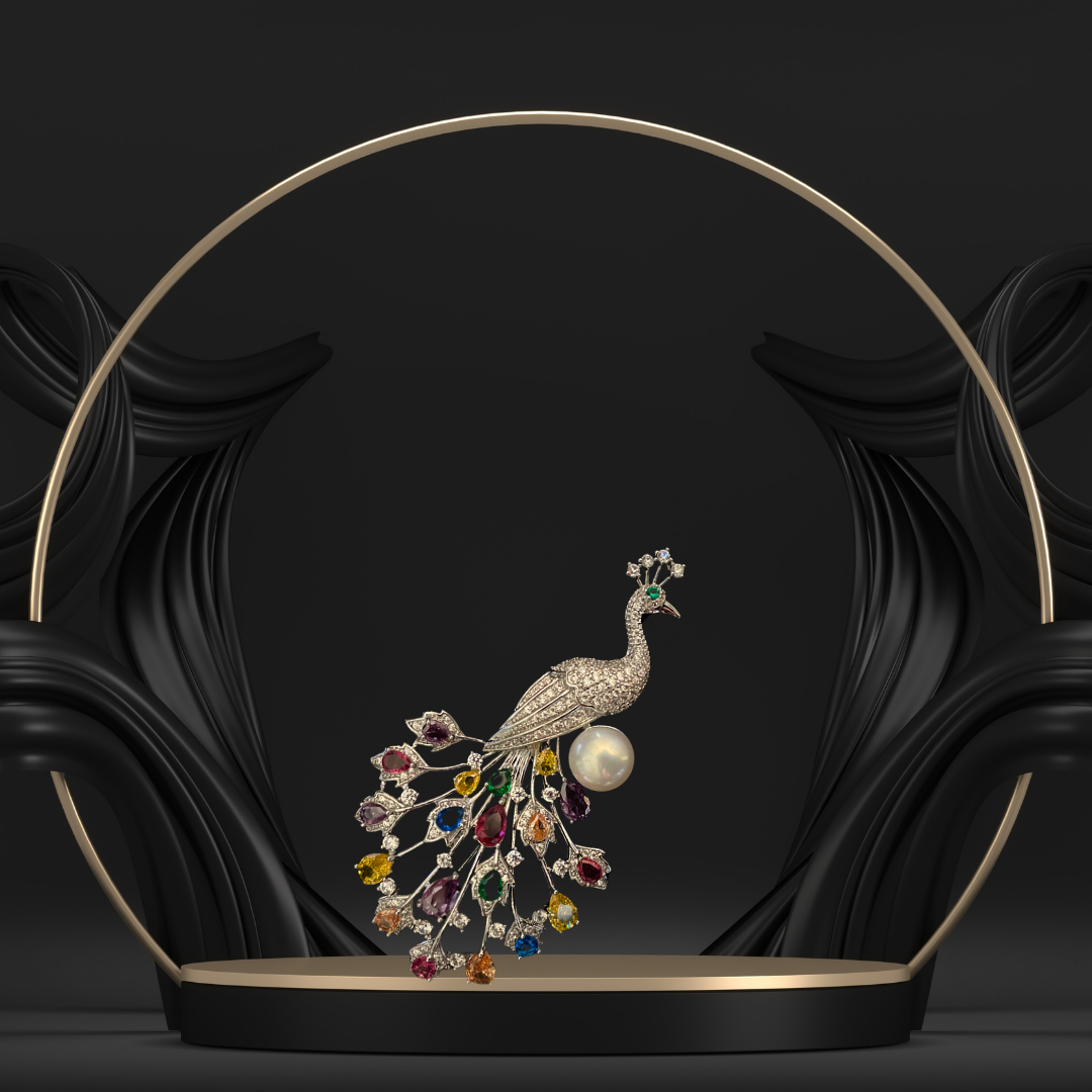 Peacock with Multi-Color Stones Feathers with Pearl Brooch for Women