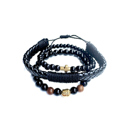 Men's Triple Layer Leather & Beads Stretchable Bracelet