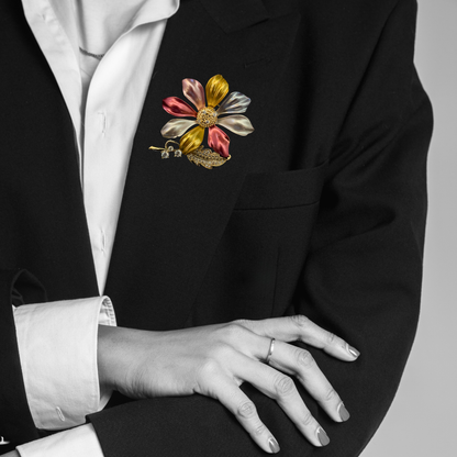 Black & Multi-Color Daisy Flower Brooch for Women with Golden Leaf