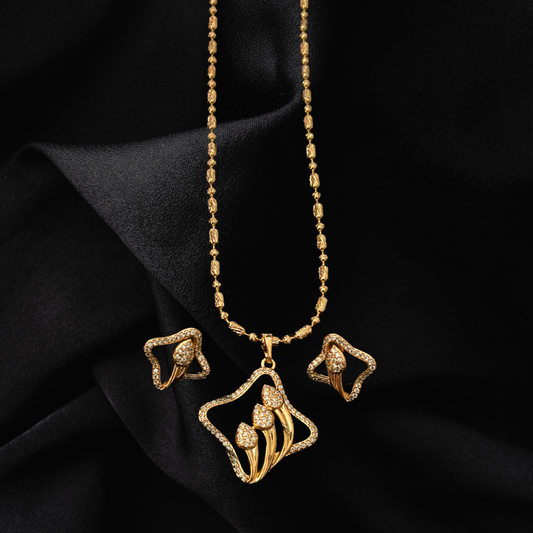 Rose Gold Designer Spade Stem Pendant & Earring Set
