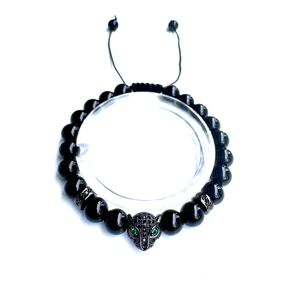 Men's Black Beaded Bracelet with Jaguar Face