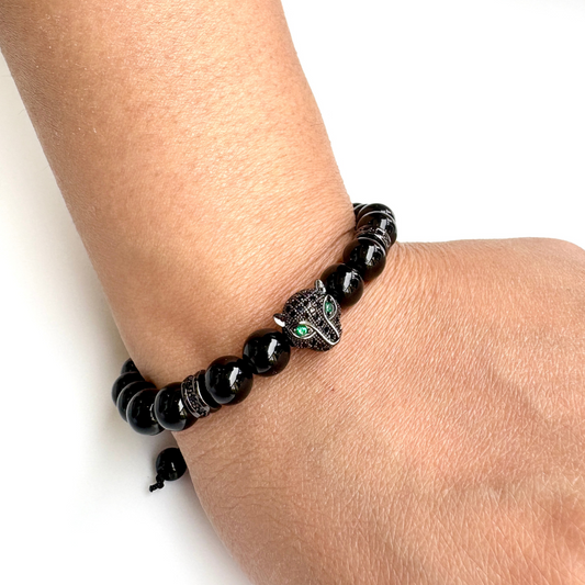 Men's Black Beaded Bracelet with Jaguar Face