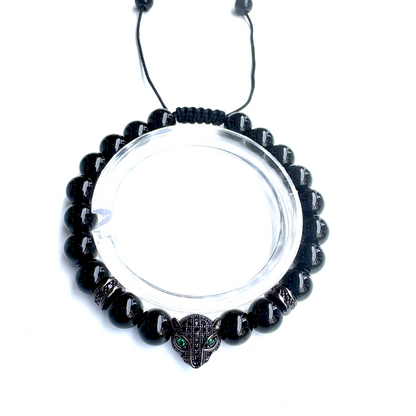 Men's Black Beaded Bracelet with Jaguar Face