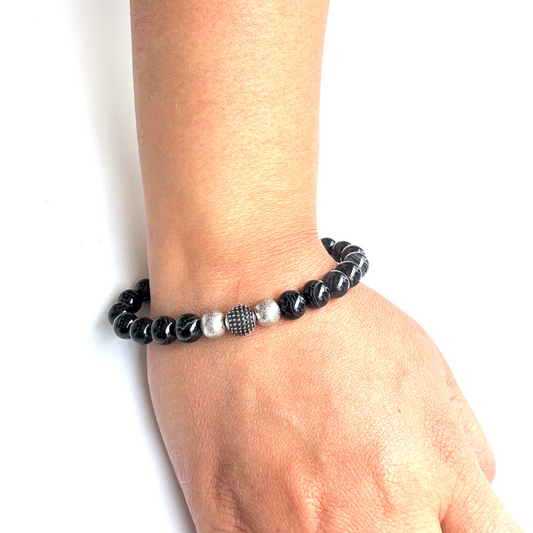 Men's Black Beads with Charms Stretchable Bracelet