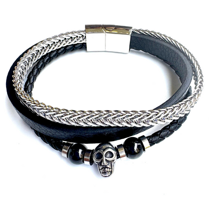 Men's Triple Layer Leather & Chain Cuff Bracelet with beads and Skull
