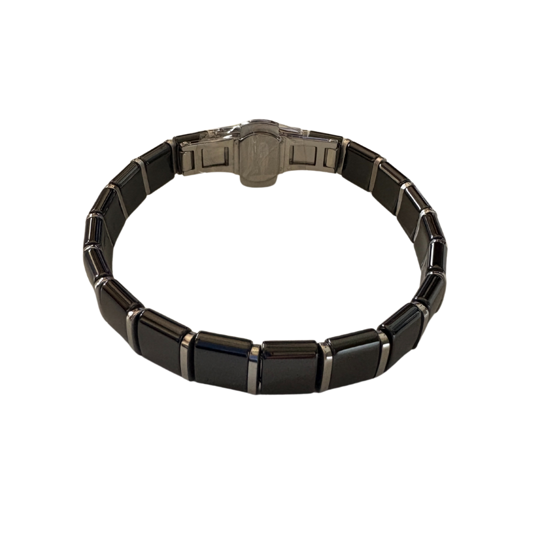 Unisex Premium Ceramic Cuff Bracelet with safe locking mechanism | Black & Silver Lining