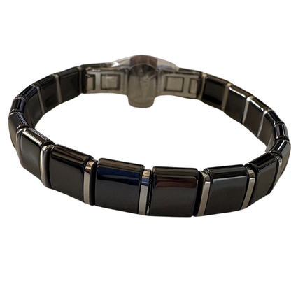 Unisex Premium Ceramic Cuff Bracelet with safe locking mechanism | Black & Silver Lining