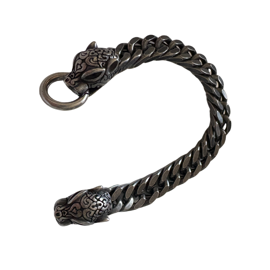2 Head Panther Chain Bracelet for Men & Boy – Antique Black Metal Cuban Link | Bold Viking Jewelry
