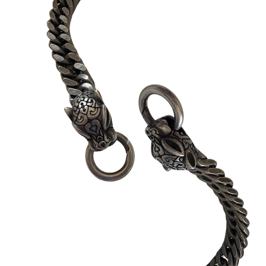 2 Head Panther Chain Bracelet for Men & Boy – Antique Black Metal Cuban Link | Bold Viking Jewelry