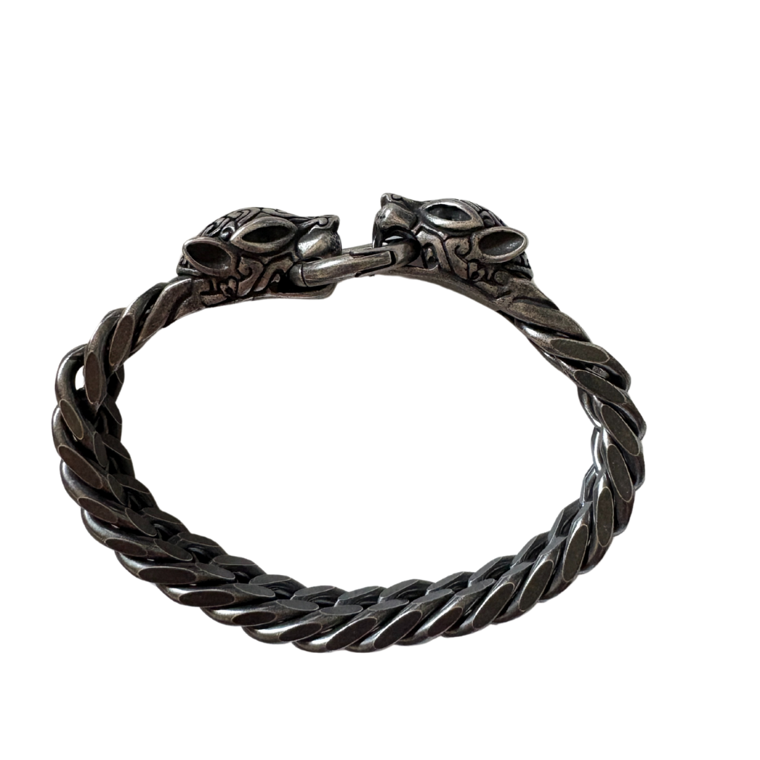 2 Head Panther Chain Bracelet for Men & Boy – Antique Black Metal Cuban Link | Bold Viking Jewelry