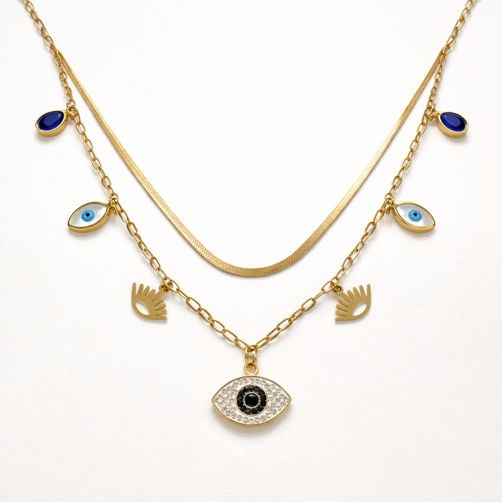 Golden Charm Necklaces with Evil Eye