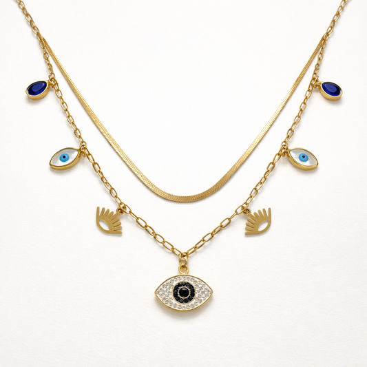Golden Charm Necklaces with Evil Eye