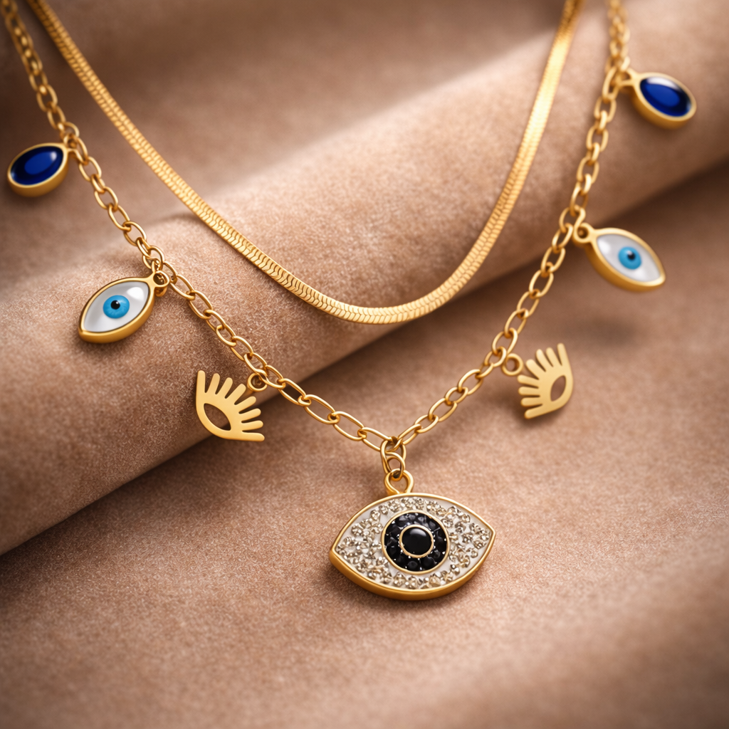 Golden Charm Necklaces with Evil Eye