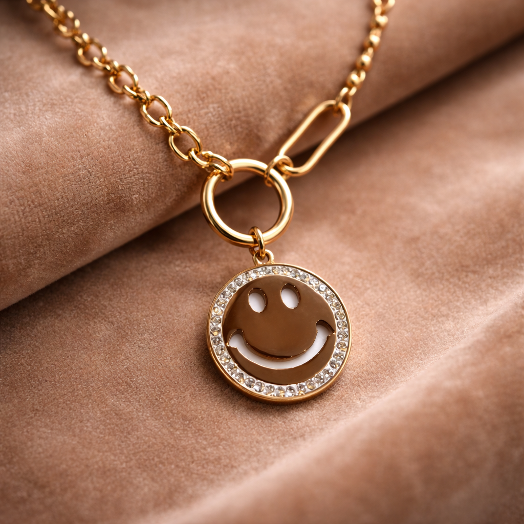 Smiley Face Pendant and Golden Chain